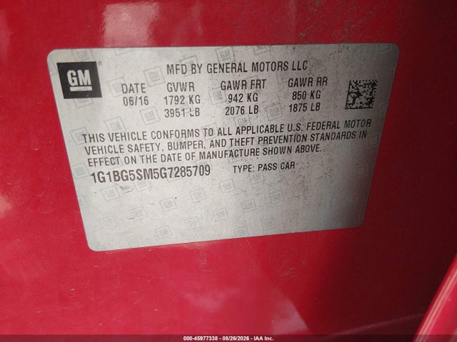 Продаж на аукціоні авто 2016 Chevrolet Cruze Premier Auto, vin: 1G1BG5SM5G7285709, номер лоту: 45977338
