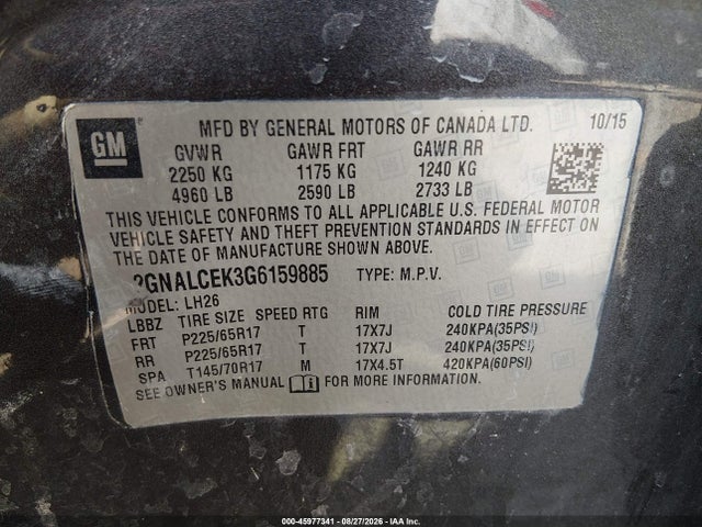 45977341 :رقم المزاد ، 2GNALCEK3G6159885 vin ، 2016 Chevrolet Equinox Lt مزاد بيع