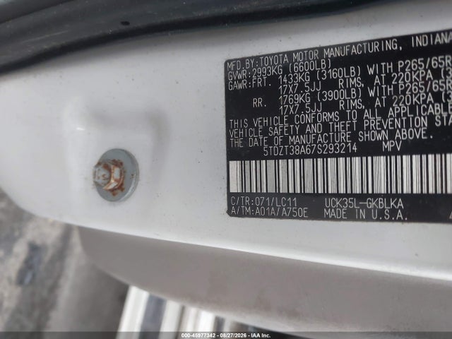 2007 Toyota Sequoia Limited მანქანა იყიდება აუქციონზე, vin: 5TDZT38A67S293214, აუქციონის ნომერი: 45977342
