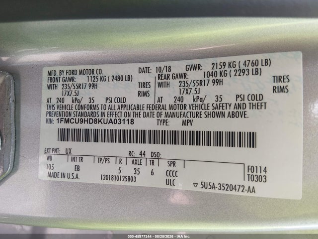 2019 Ford Escape Sel მანქანა იყიდება აუქციონზე, vin: 1FMCU9HD8KUA03118, აუქციონის ნომერი: 45977344