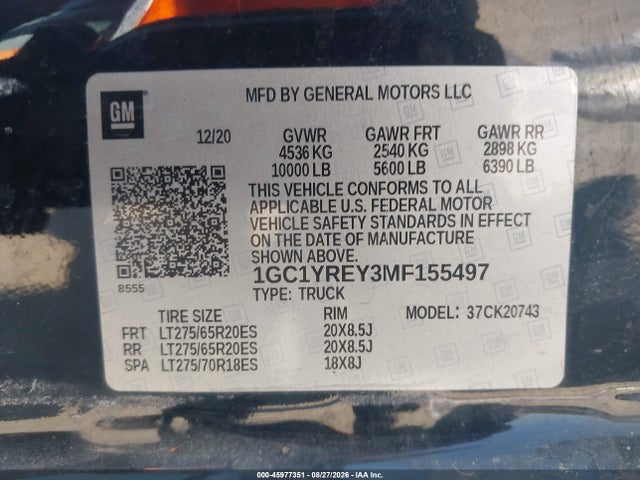 45977351 :رقم المزاد ، 1GC1YREY3MF155497 vin ، 2021 Chevrolet Silverado 2500hd 4wd  Standard Bed High Country مزاد بيع