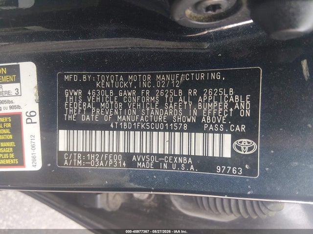 45977367 :رقم المزاد ، 4T1BD1FK5CU011578 vin ، 2012 Toyota Camry Hybrid Le مزاد بيع