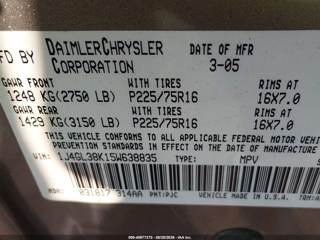 45977370 :رقم المزاد ، 1J4GL38K15W638835 vin ، 2005 Jeep Liberty Renegade مزاد بيع