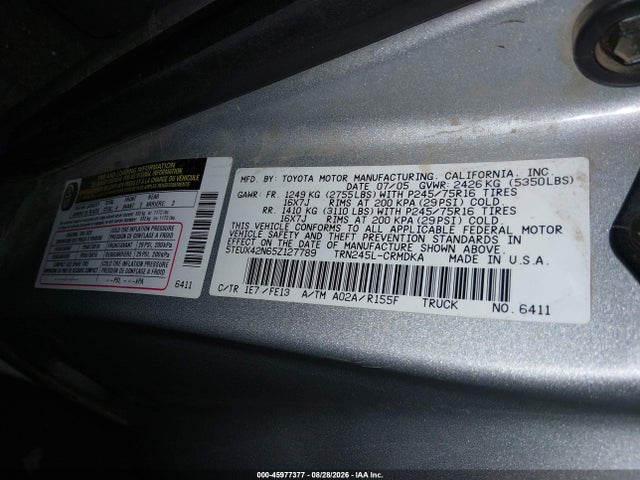 Aukcja sprzedaży 2005 Toyota Tacoma, vin: 5TEUX42N65Z127789, numer aukcji: 45977377