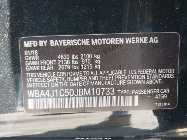 Aukcja sprzedaży 2018 Bmw 430i Gran Coupe, vin: WBA4J1C50JBM10733, numer aukcji: 45977381