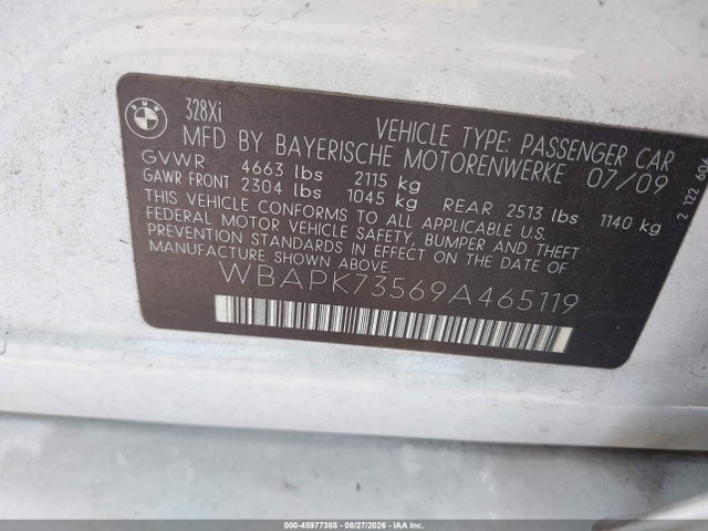 45977388 :رقم المزاد ، WBAPK73569A465119 vin ، 2009 Bmw 328i Xdrive مزاد بيع
