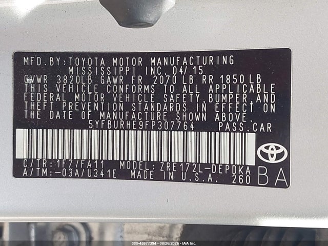 Auction sale of the 2015 Toyota Corolla L, vin: 5YFBURHE9FP307764, lot number: 45977394