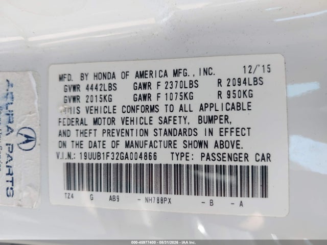 Aukcja sprzedaży 2016 Acura Tlx, vin: 19UUB1F32GA004866, numer aukcji: 45977400