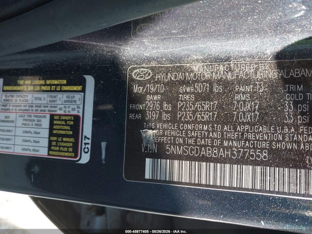 45977405 :رقم المزاد ، 5NMSGDAB8AH377558 vin ، 2010 Hyundai Santa Fe Gls مزاد بيع