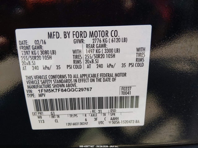45977407 :رقم المزاد ، 1FM5K7F84GGC29767 vin ، 2016 Ford Explorer Limited مزاد بيع