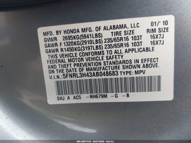 Продажа на аукционе авто 2010 Honda Odyssey Ex, vin: 5FNRL3H43AB048683, номер лота: 45977416