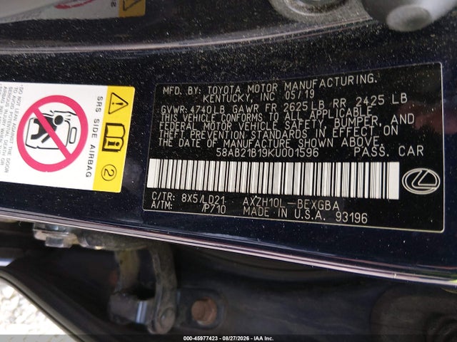 2019 Lexus Es 300h მანქანა იყიდება აუქციონზე, vin: 58AB21B19KU001596, აუქციონის ნომერი: 45977423