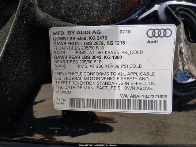 Продаж на аукціоні авто 2018 Audi Q5 2.0t Premium/2.0t Tech Premium, vin: WA1ANAFY0J2221638, номер лоту: 45977431