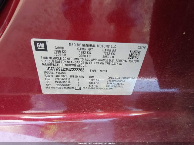 Продажа на аукционе авто 2016 Chevrolet Silverado 1500 1lz, vin: 1GCVKSEC3GZ222262, номер лота: 45977437