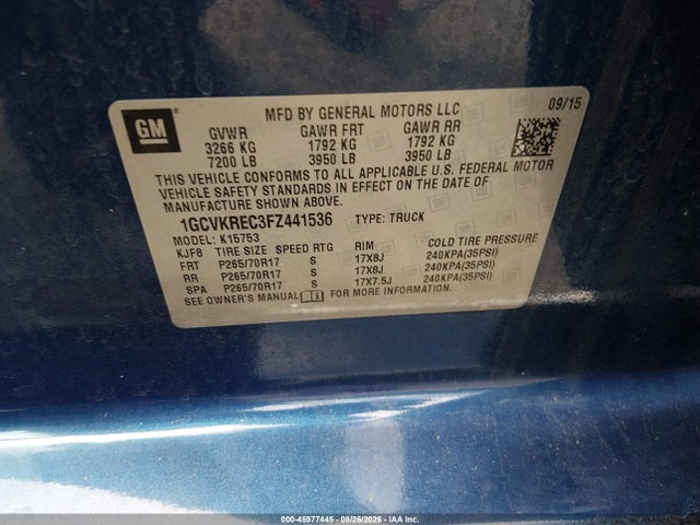 Продажа на аукционе авто 2015 Chevrolet Silverado 1500 1lt, vin: 1GCVKREC3FZ441536, номер лота: 45977445