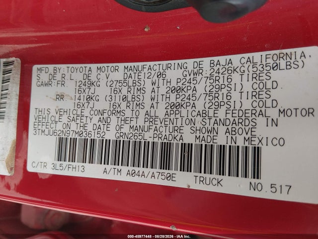 2007 Toyota Tacoma Prerunner V6 მანქანა იყიდება აუქციონზე, vin: 3TMJU62N97M036152, აუქციონის ნომერი: 45977448