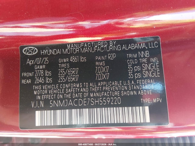 Продажа на аукционе авто 2025 Hyundai Tucson Se, vin: 5NMJACDE7SH559220, номер лота: 45977450
