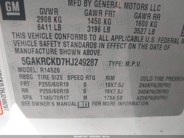 2017 Buick Enclave Premium მანქანა იყიდება აუქციონზე, vin: 5GAKRCKD7HJ249287, აუქციონის ნომერი: 45977457