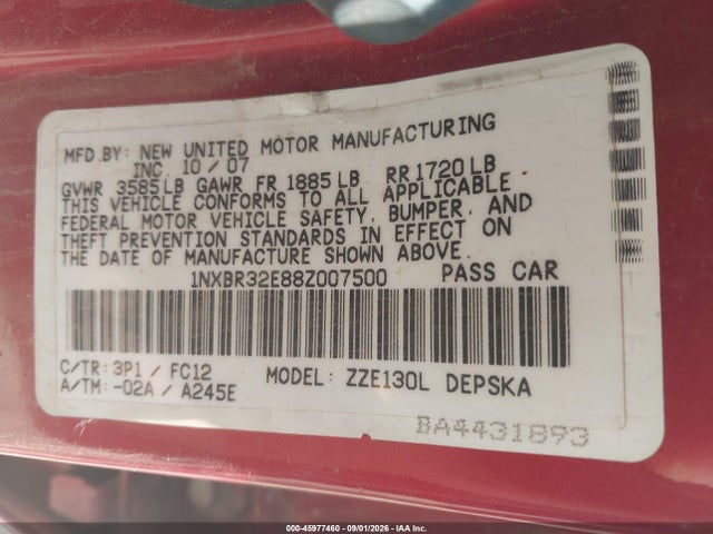 Продажа на аукционе авто 2008 Toyota Corolla S, vin: 1NXBR32E88Z007500, номер лота: 45977460