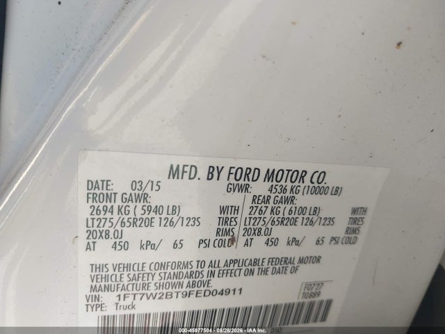 Aukcja sprzedaży 2015 Ford F-250 Lariat, vin: 1FT7W2BT9FED04911, numer aukcji: 45977504