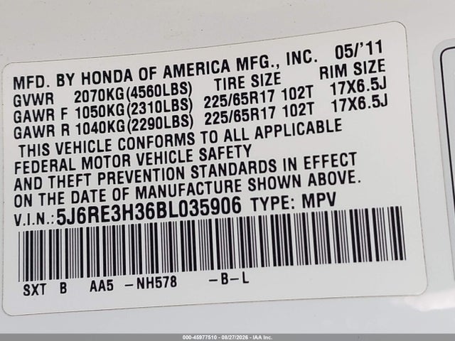 45977510 :رقم المزاد ، 5J6RE3H36BL035906 vin ، 2011 Honda Cr-v Lx مزاد بيع