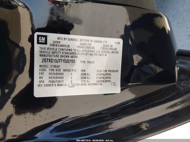 Aukcja sprzedaży 2007 Gmc Sierra 1500 Slt, vin: 2GTEC13J771520153, numer aukcji: 45977515