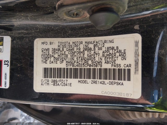 Продаж на аукціоні авто 2012 Toyota Corolla S, vin: 5YFBU4EE5CP045079, номер лоту: 45977517
