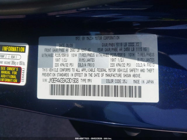 45977523 :رقم المزاد ، JM3ER4W33A0301908 vin ، 2010 Mazda Cx-7 S Grand Touring مزاد بيع