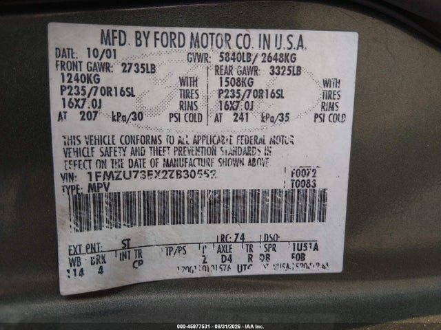 2002 Ford Explorer Xlt მანქანა იყიდება აუქციონზე, vin: 1FMZU73EX2ZB30552, აუქციონის ნომერი: 45977531