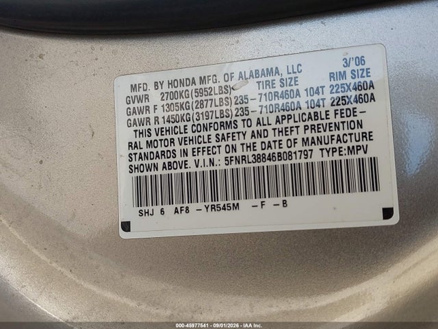 2006 Honda Odyssey Touring მანქანა იყიდება აუქციონზე, vin: 5FNRL38846B081797, აუქციონის ნომერი: 45977541