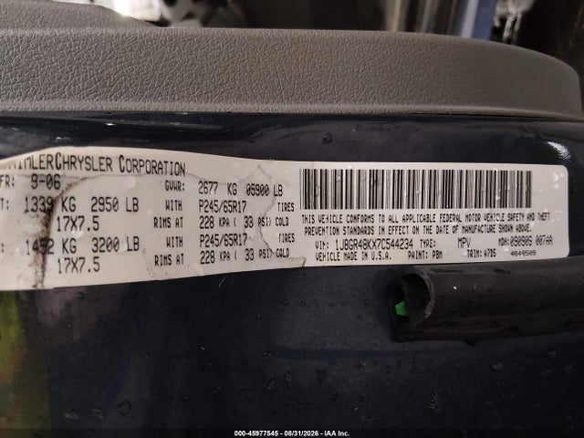 Продажа на аукционе авто 2007 Jeep Grand Cherokee Laredo, vin: 1J8GR48KX7C544234, номер лота: 45977545