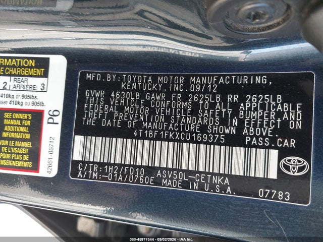 45977544 :رقم المزاد ، 4T1BF1FKXCU169375 vin ، 2012 Toyota Camry Le مزاد بيع