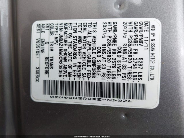 45977558 :رقم المزاد ، JN8AZ1MW0CW209355 vin ، 2012 Nissan Murano Le مزاد بيع