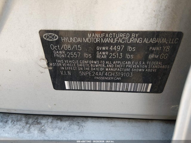 2016 Hyundai Sonata Se მანქანა იყიდება აუქციონზე, vin: 5NPE24AF4GH319103, აუქციონის ნომერი: 45977562