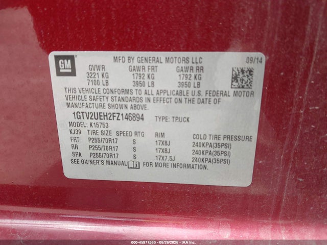 Продаж на аукціоні авто 2015 Gmc Sierra K1500 Sle, vin: 1GTV2UEH2FZ146894, номер лоту: 45977560