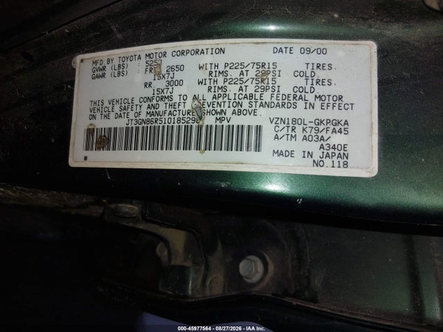2001 Toyota 4runner Sr5 V6 მანქანა იყიდება აუქციონზე, vin: JT3GN86R510185298, აუქციონის ნომერი: 45977564