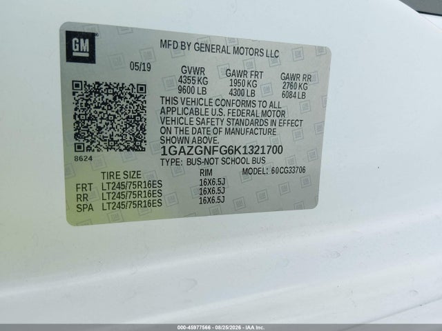45977566 :رقم المزاد ، 1GAZGNFG6K1321700 vin ، 2019 Chevrolet Express 3500 Ls مزاد بيع