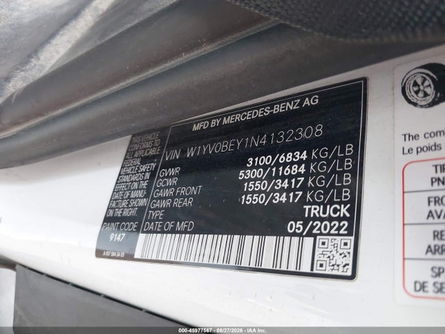 Aukcja sprzedaży 2022 Mercedes-benz Metris, vin: W1YV0BEY1N4132308, numer aukcji: 45977567
