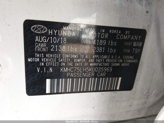 Продажа на аукционе авто 2019 Hyundai Ioniq Electric, vin: KMHC75LH5KU035969, номер лота: 45977574