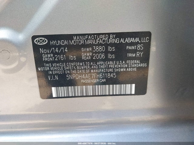 2015 Hyundai Elantra Se მანქანა იყიდება აუქციონზე, vin: 5NPDH4AE7FH611845, აუქციონის ნომერი: 45977576