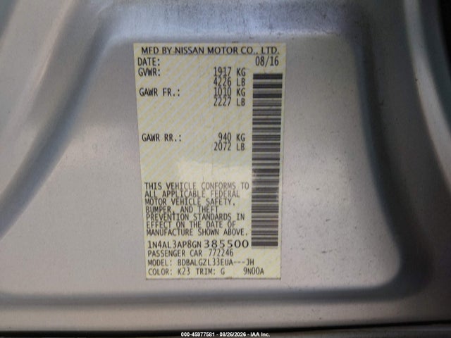 2016 Nissan Altima 2.5 S მანქანა იყიდება აუქციონზე, vin: 1N4AL3AP8GN385500, აუქციონის ნომერი: 45977581