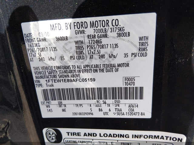 45977582 :رقم المزاد ، 1FTEW1E89AFC05159 vin ، 2010 Ford F-150 Xlt مزاد بيع