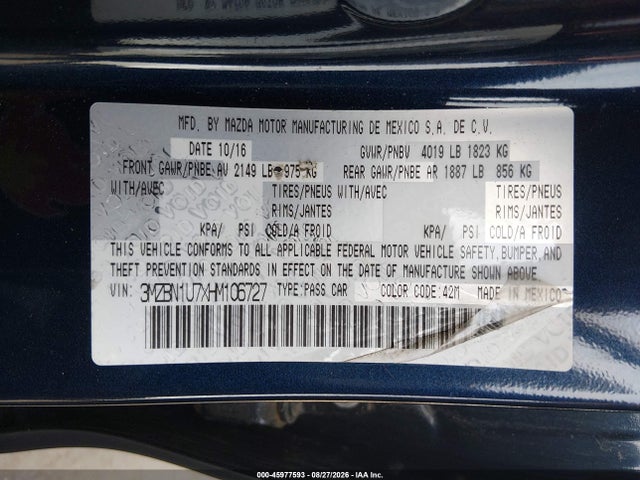 Aukcja sprzedaży 2017 Mazda Mazda3 Sport, vin: 3MZBN1U7XHM106727, numer aukcji: 45977593
