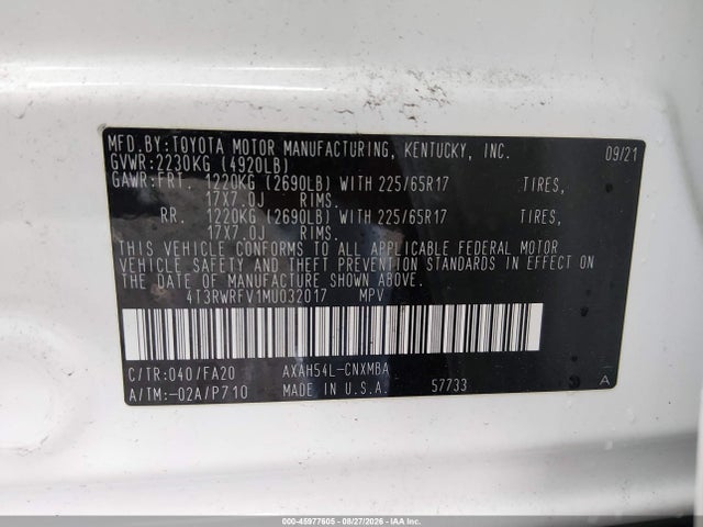 2021 Toyota Rav4 Hybrid Xle მანქანა იყიდება აუქციონზე, vin: 4T3RWRFV1MU032017, აუქციონის ნომერი: 45977605