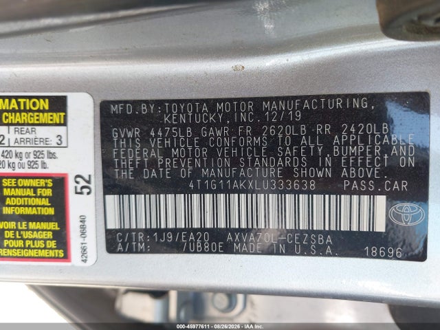 Продаж на аукціоні авто 2020 Toyota Camry Se, vin: 4T1G11AKXLU333638, номер лоту: 45977611