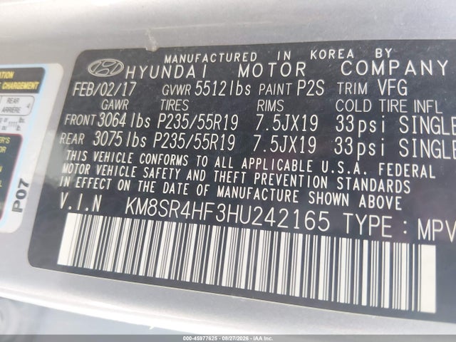 Aukcja sprzedaży 2017 Hyundai Santa Fe Limited Ultimate, vin: KM8SR4HF3HU242165, numer aukcji: 45977625