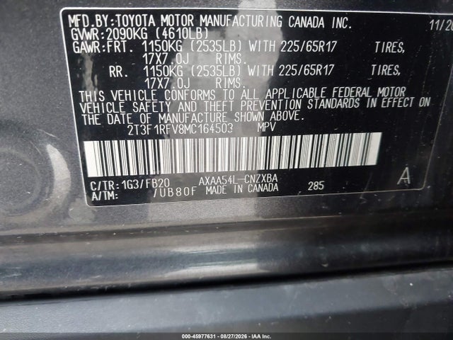 45977631 :رقم المزاد ، 2T3F1RFV8MC164503 vin ، 2021 Toyota Rav4 Le مزاد بيع