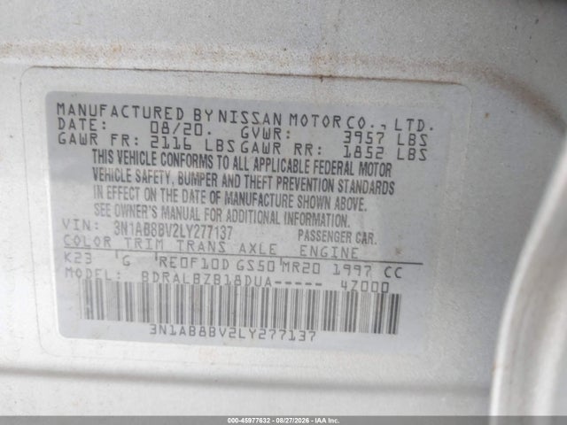 2020 Nissan Sentra S Xtronic Cvt მანქანა იყიდება აუქციონზე, vin: 3N1AB8BV2LY277137, აუქციონის ნომერი: 45977632