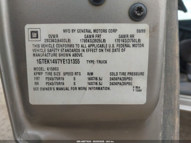 Aukcja sprzedaży 2000 Gmc Sierra 1500 Sl, vin: 1GTEK14V7YE131355, numer aukcji: 45977635