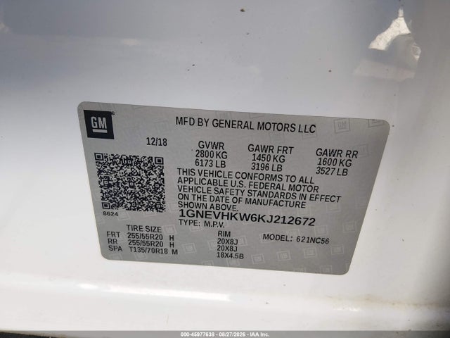 45977638 :رقم المزاد ، 1GNEVHKW6KJ212672 vin ، 2019 Chevrolet Traverse 3lt مزاد بيع
